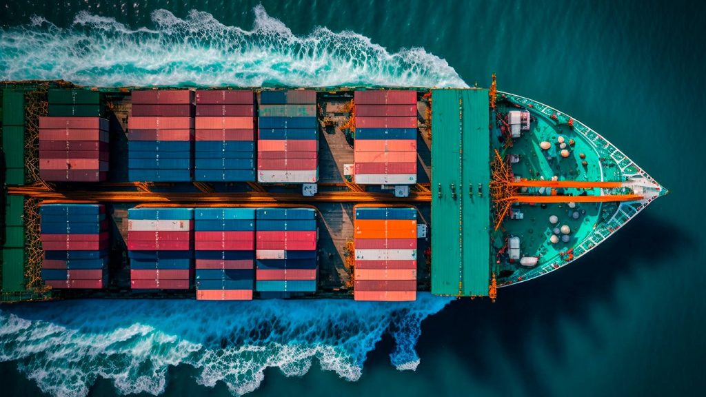 Shiping sailing in water with container