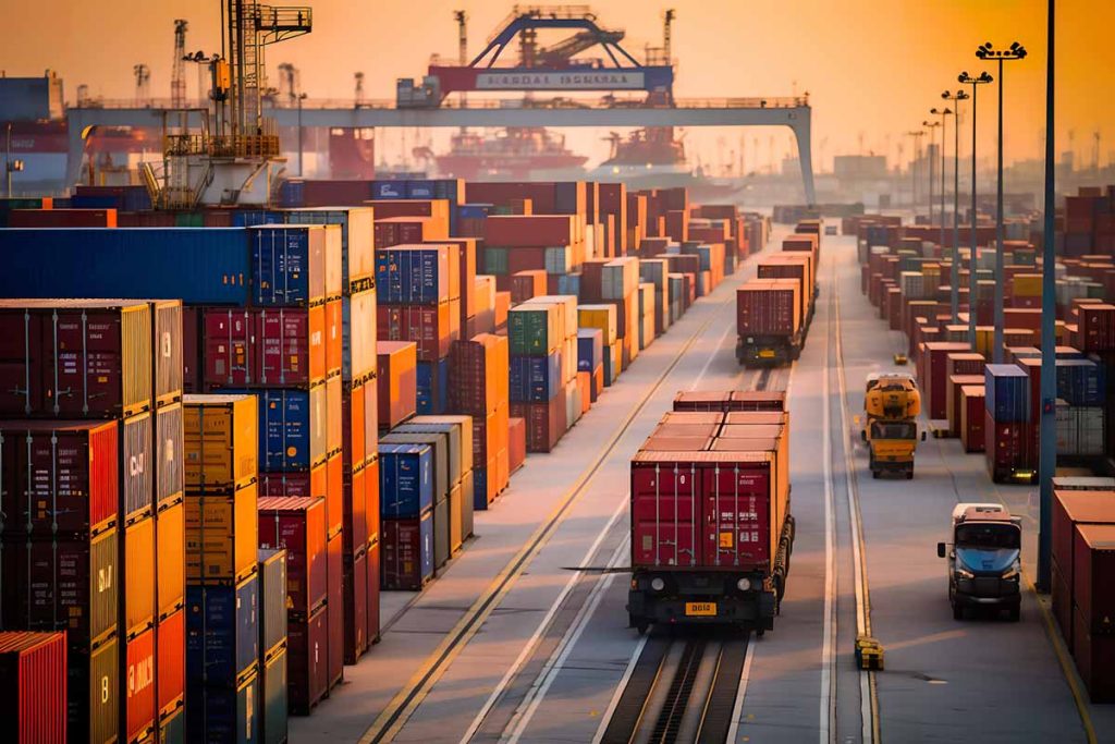 Container truck in ship port for business Logistics and transpor